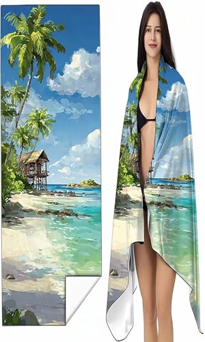 Strandtuch Mikrofaser Handtuch Groß 90 x 200cm, Microfaser Handtücher Kompakt und Sandfest, Leicht und chnelltrocknend Gym Handtuch für Travel Strand Sauna mit Tasche Blau Landschaft SYX3 4-3 von BEIJUYHU