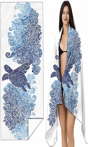 Strandtuch Mikrofaser Handtuch Groß 90 x 200cm, Microfaser Handtücher Kompakt und Sandfest, Leicht und chnelltrocknend Gym Handtuch für Travel Strand Sauna mit Tasche Blau Meeresschildkröten SYX7 3-0 von BEIJUYHU