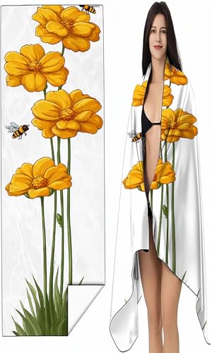 Strandtuch Mikrofaser Handtuch Groß 90x180 cm, Microfaser Handtücher Kompakt und Sandfest, Leicht und chnelltrocknend Gym Handtuch für Travel Strand Sauna mit Tasche Gelb Blume SYX9 A-8 von BEIJUYHU