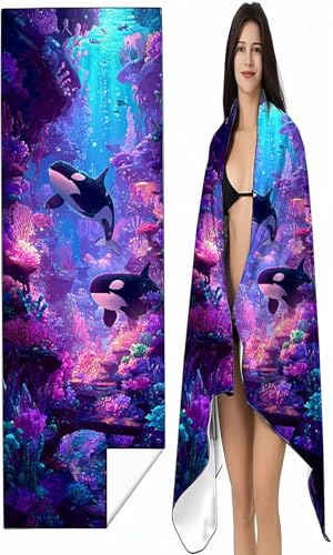 Strandtuch XXL 100 x 200 cm Lila Strandmatte Sandfreies Schnell Trocknendes Intimer Druckknopf, Weiches Leichtes Meereslebewesen Mikrofaser Strandtuch Damen Herren für Reise Schwimmen Campin SYX0 I-Y von BEIJUYHU