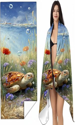 Strandtuch XXL 70 x 140cm Blau Strandmatte Sandfreies Schnell Trocknendes Intimer Druckknopf, Weiches Leichtes Meeresschildkröten Mikrofaser Strandtuch Damen Herren für Reise Schwimmen Campin SYX8 7-B von BEIJUYHU