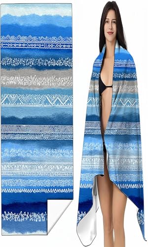 Strandtuch XXL 80 x 160 cm Blau Strandmatte Sandfreies Schnell Trocknendes Intimer Druckknopf, Weiches Leichtes Streifen Mikrofaser Strandtuch Damen Herren für Reise Schwimmen Campin SYX0 9-E von BEIJUYHU