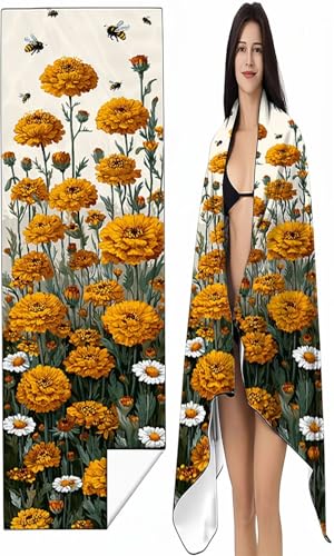 Strandtuch XXL 80 x 160 cm Gelb Strandmatte Sandfreies Schnell Trocknendes Intimer Druckknopf, Weiches Leichtes Chrysantheme Mikrofaser Strandtuch Damen Herren für Reise Schwimmen Campin SYX4 5-9 von BEIJUYHU