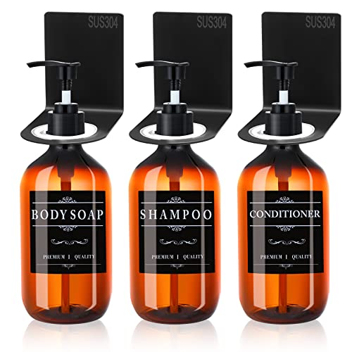 3 Stück 500 ml Seifenspender Wandbefestigung Shampoo Flaschen zum befüllen mit Halterung duschspender Wand ohne Bohren Wandseifenspender mit Etikett für das Badezimmer oder die Küche von BEIMEIII