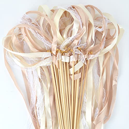 50 Stück Wedding Wands Stäbe mit Hochzeitsbändern Seidenfeenstab,Wedding Twirling Streamers für Hochzeit Geburtstag Party (Beige) von BEIMEIII