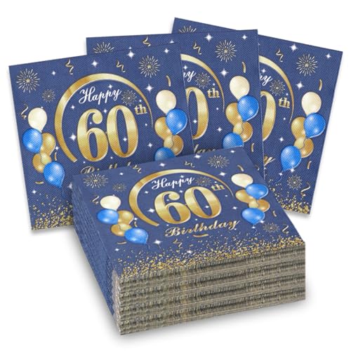 60 Stück Servietten 60 Geburtstag Blau Servietten Gold Tischläufer Deko Papierservietten Happy Birthday Geburtstagsservietten für Mann Frau 60. Geburtstag 33 x 33 cm von BEIMEIII