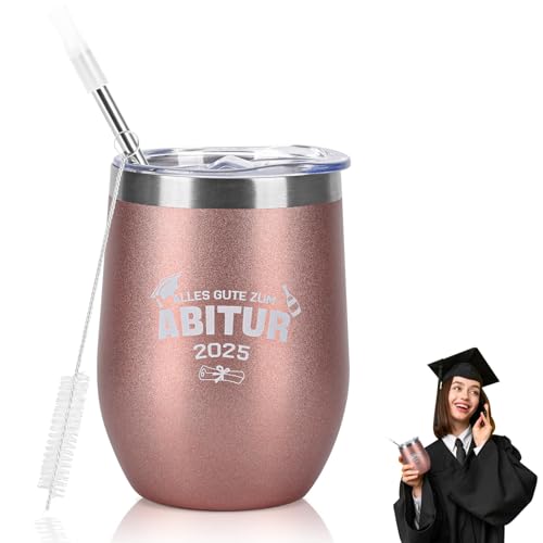 Abitur Geschenke 2025 Tasse Abi 2025 Abschluss Tasse Personalisiert Thermobecher 350ml Camping Becher Edelstahl Kaffeetasse Abschlussgeschenk für Mädchen Junge Bestanden Studium Master Roségold von BEIMEIII