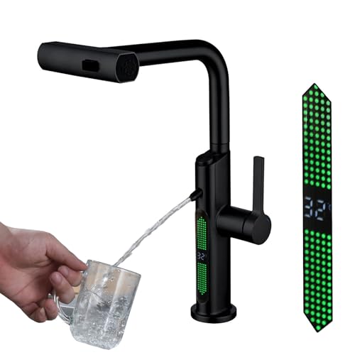 3 Wege Wasserhahn Küche, LED-Digitalanzeige, 4 in 1 Mischbatterie für Wasserfilter, 360° Drehbar Wasserfall Küchenarmatur Ausziehbar, Trinkwasserhahn Einzelgriff, Dauerhaft (Schwarz) von BEITH
