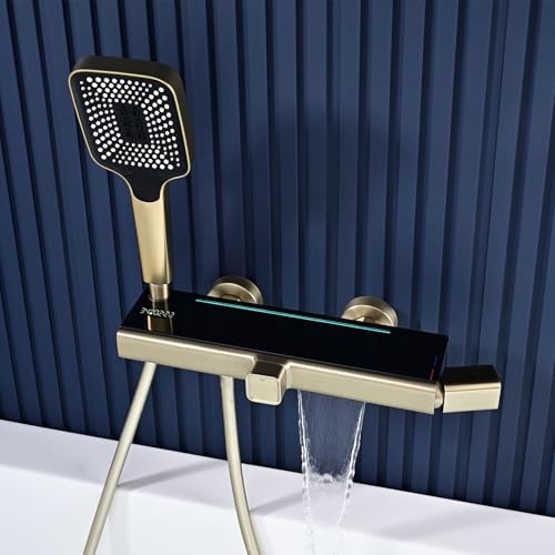 BEITH Badewannenarmatur Wasserfall, Modern Wandbehang Mischbatterie Badewanne, LED-Digitalanzeige, Umgebungslicht, 59A Messing Einhand-Wannenarmatur, Handbrause mit 3 Modi, Duscharmatur, Dauerhaft von BEITH