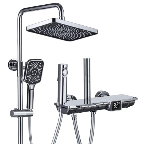 BEITH Duschset mit Thermostat, Design der Klaviertasten Duschsystem mit LED Digitalanzeige, 30x18cm Quadrat Duschkopf, Handbrause mit 3 Modi, Badewannenarmatur, Spritzpistole (optional heiß & kalt) von BEITH