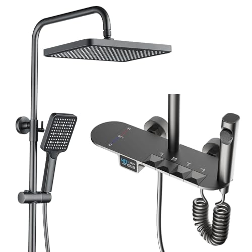 Duschsystem mit Thermostat, 30x20cm Quadrat Klaviertasten Duschset, LED-Digitalanzeige, Badewannenarmatur, Sprühpistole, 59A Messing Ventilkörper, Höhenverstellbar (Gun Grey) von BEITH