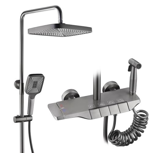 BEITH Duschsystem mit Thermostat, 4 Funktions Klaviertasten Duschset, 30x21cm Quadrat Duschkopf, Handbrause mit 3 Modi, mit Verborgen Badewannenarmatur, Booster Spritzpistole, Höhenverstellbar von BEITH