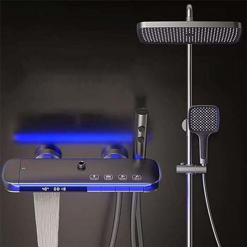 BEITH Duschsystem mit Thermostat, 4 Funktions Klaviertasten Duschset, 31x20cm Quadrat Duschkopf, Digitaler Bildschirm, 360° LED Umgebungslicht, Wasserkraft, mit Wannenarmatur, Booster Spritzpistole von BEITH
