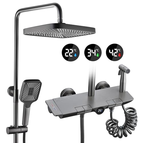 BEITH Duschsystem mit Thermostat, 4 Klaviertasten Duschsäule mit Digitalanzeige, 30x21cm Quadrat Duschkopf, Regendusche mit Armatur, Handbrause, Wasserfall Badewannenarmatur, Verstellbare Höhe von BEITH