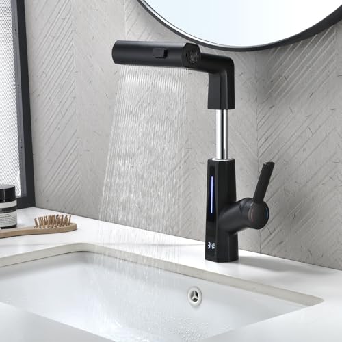 BEITH Wasserfall Waschtischarmatur, 3 Modi Mischbatterie Bad Modern mit LED-Digitalanzeige, Ausziehbar, Drehbar, Höhenverstellbar, Mischbatterie Waschbecken Einhebel, 59A Messing, für Badezimmer von BEITH