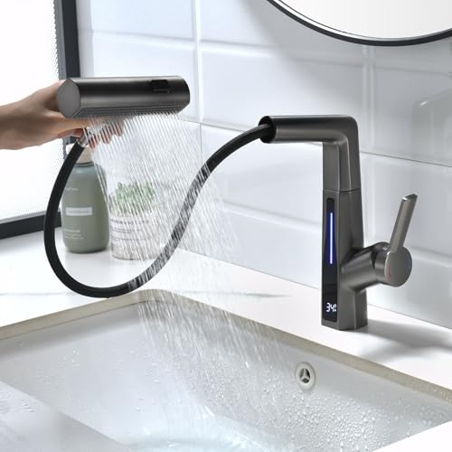 BEITH Wasserfall Waschtischarmatur, 3 Modi Mischbatterie Bad Modern mit LED-Digitalanzeige, Ausziehbar, Drehbar, Höhenverstellbar, Mischbatterie Waschbecken Einhebel, 59A Messing, für Badezimmer von BEITH