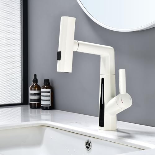 BEITH Wasserfall Waschtischarmatur, 3 Modi Mischbatterie Bad Modern mit LED-Digitalanzeige, Ausziehbar, Drehbar, Höhenverstellbar, Mischbatterie Waschbecken Einhebel, 59A Messing, für Badezimmer von BEITH