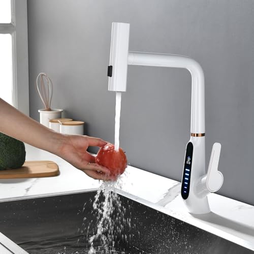 Wasserfall Wasserhahn Küche, Küchenarmatur Ausziehbar, 3 Modi Armatur Küche, LED-Digitalanzeige, Küchenarmatur Mischbatterie 360° Drehung, Spültischarmatur Küche, 59A Kupfer (Weiß) von BEITH
