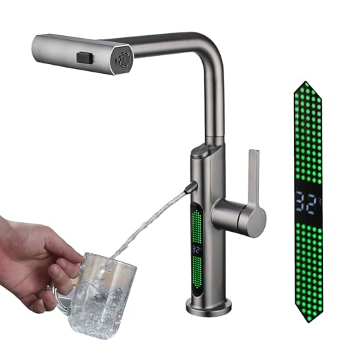 BEITH 3 Wege Wasserhahn Küche, LED-Digitalanzeige, 4 in 1 Mischbatterie für Wasserfilter, 360° Drehbar Wasserfall Küchenarmatur Ausziehbar, Trinkwasserhahn Einzelgriff, Dauerhaft von BEITH