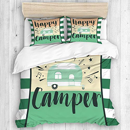 BEITUOLA Bettwäsche-Set,Happy Camper Camping Outdoor Design,1 Bettbezug 135 X 200cm + 2 Kopfkissenbezug 50 X 80cm von BEITUOLA