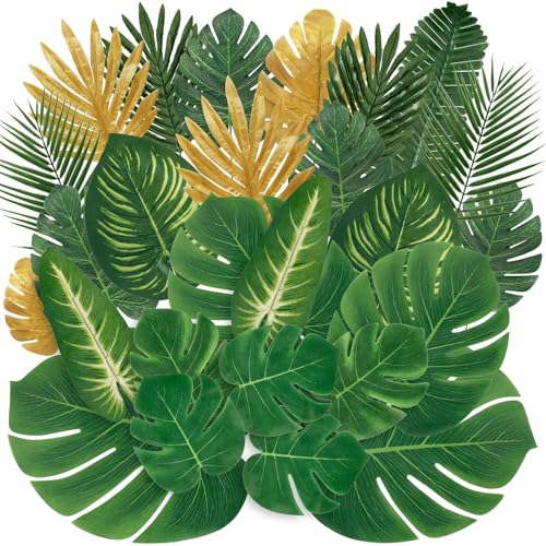 BEJAGWUS 66 Stück Künstliche Pflanzen Dschungel Deko mit Künstlich Monstera Blätter Palmenblätte,Kunstpflanze Fake Plant Deko für Hawaii Party, Poolparty, Sommer Geburtstag Party,Beach Party von BEJAGWUS