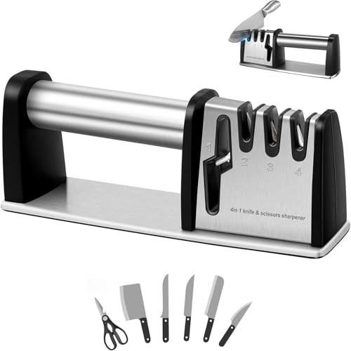 BEJAGWUS Messerschärfer Edelstahl,4 in 1 Professioneller Koch Knife Sharpener,Messerschleifer Profi für Messer, Brotmesser & Scheren,Küchenutensilien mit Rutschfestes Standplatte (Silber) von BEJAGWUS