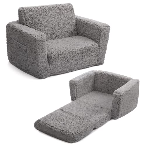 BEJOY Kindersofa Aufklappen 2 in 1 Schlafsofa, Kindersessel, Sherpa Kinder Couch Ausklappbar Kinder Sofa für Kinderzimmer Kindertags- und Geburtstagsgeschenk für Mädchen und Jungen, Grau von BEJOY