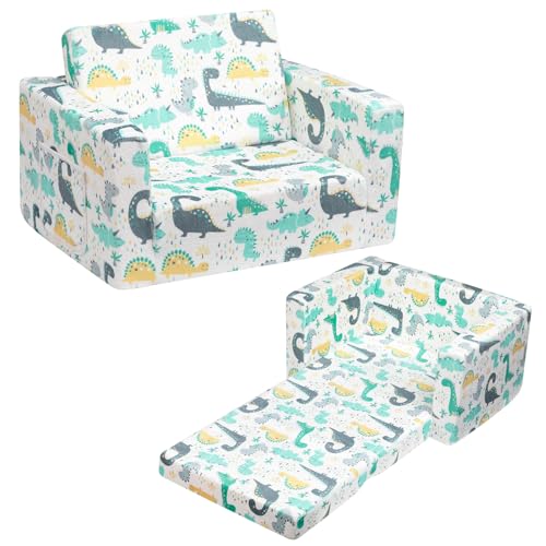 BEJOY Kindersofa Aufklappen 2 in 1 Schlafsofa, Kindersessel, Flanell Kinder Couch Ausklappbar Kinder Sofa für Kinderzimmer Kindertags- und Geburtstagsgeschenk für Mädchen und Jungen - Weiß mit Dinos von BEJOY