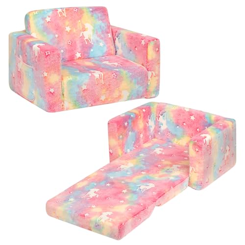 BEJOY Kindersofa Aufklappen 2 in 1 Schlafsofa, Kindersessel, Flanell Kinder Couch Ausklappbar für Kinderzimmer Kindertags- und Geburtstagsgeschenk für Mädchen und Jungen - Zuckerwatte mit Einhörnern von BEJOY