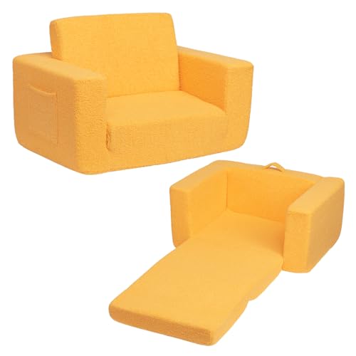 BEJOY Kindersofa Aufklappen 2-in-1 Schlafsofa, Kindersessel, Teddyfell Kinder Couch Sofa Ausklappbar für Kinderzimmer Kindertags- und Geburtstagsgeschenk für Mädchen und Jungen, Königsgelb von BEJOY