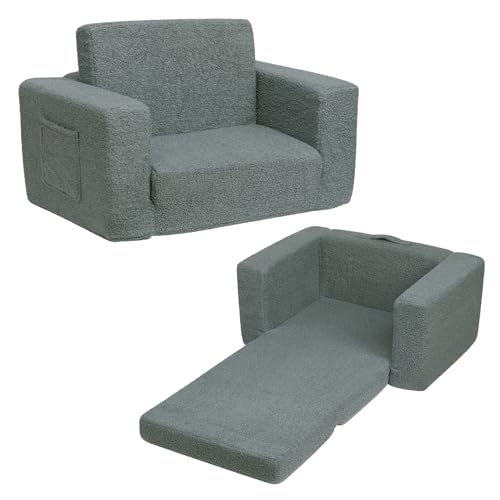 BEJOY Kindersofa Aufklappen 2-in-1 Schlafsofa, Kindersessel, Teddyfell Kinder Couch Sofa Ausklappbar für Kinderzimmer Kindertags- und Geburtstagsgeschenk für Mädchen und Jungen, Neutralesgrau von BEJOY