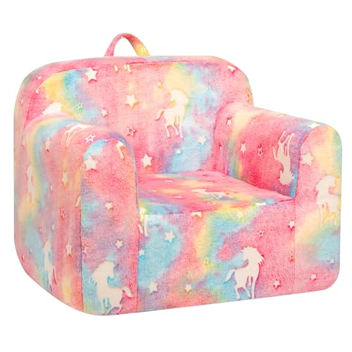 BEJOY Kindersofa - Ultra-Weicher Schaumstoff Gefüllter Kindersessel, Kuscheliger Flanell Lesecouch für Mädchen und Jungen - Zuckerwatte mit Einhörnern von BEJOY
