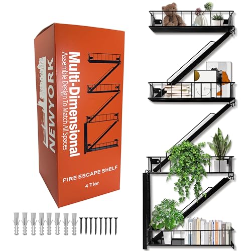 BEKIKAIPING Fire Escape Shelf Wall Floating Shelves New York Metal Decorative Wall Organizer Ladder Firecape Book Shelf for Living Room (4 Tier) von BEKIKAIPING