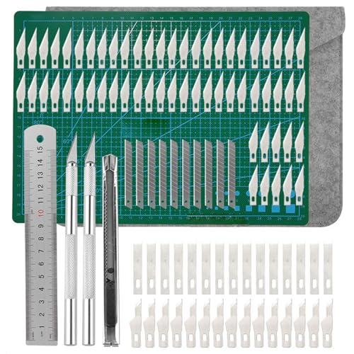 106 Stück Carving Craft Messer Set, Skalpell mit 100 Ersatzklingen Bastelmesser Skalpell Set Cuttermesser Skalpell Set mit A5 Schneidematte Cutter, für DIY Art Work Cutting von BEKKLPOU