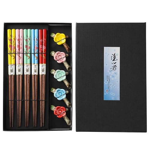 5 Paars Essstäbchen Holz Inklusive Keramik Unterleger, Sushi Essstäbchen Set Pflaumenbusch Chopsticks Mit Geschenkbox Wiederverwendbare Essstäbchen, Asiatisches Besteck luxuriöser Handgemachte von BEKKLPOU