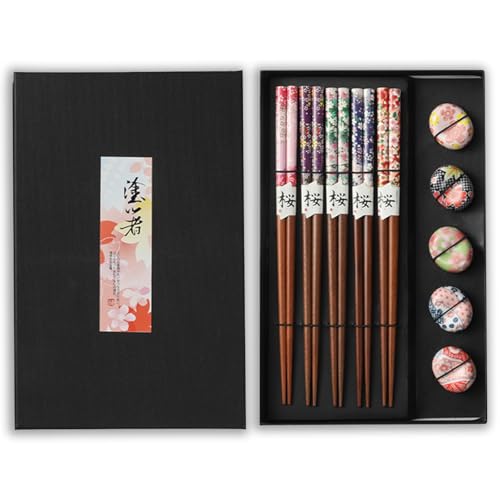 5 Paars Essstäbchen Holz Mit Essstäbchen Ablagen, Blütenblatt Sushi Chopsticks Mit Geschenkbox Wiederverwendbare Essstäbchen, Asiatisches Besteck Mit 5 Keramik-Essstäbchen Auflagen von BEKKLPOU