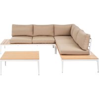 5-Sitzer Lounge Set mit Tisch Weiß Aluminium u. Kunstholz inkl. Auflagen Hellbraun Terrasse Outdoor Garten Ecksofa mit Couchtisch Modern Gartenset von BELIANI