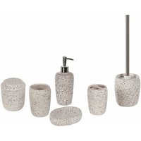 Badezimmer Set Weiß Naturstein Dolomit 6-teilig Terrazzo Optik Zahnputzbecher Seifenschale Seifenspender Toilettenbürste Becher Accessoires - Schwarz von BELIANI