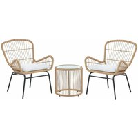 Beliani - Balkonset Hellbraun Rattan Stahl Sicherheitsglas 2 Stühle Beistellstisch mit Auflagen Balkon Terrasse Garten - Schwarz von BELIANI