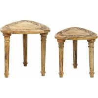 Beistelltisch 2er Set Hellbraun aus Mangholz mit Verzierungen Vintage Retro Rustikal Dreieckig Dreibein Couchtisch Set für Wohnzimmer von BELIANI
