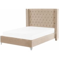 Bett Beige Samt mit Lattenrost 140 x 200 cm Hohes Gestepptes Kopfteil Knopfheftung Nieten Chesterfield Stil Retro Doppelbett Schlafzimmer Bett Beige Samt mit Lattenrost 140 x 200 cm Hohes Gestepptes Kopfteil Knopfheftung Nieten Chesterfield Stil Retro Doppelbett Schlafzimmer von BELIANI