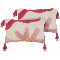 Dekokissen 2er Set Rosa / Cremeweiß aus Baumwolle Getuftet 30 x 50 cm Rechteckig mit Blumenmotiv Quasten für Sofa Bett Wohnzimmer Kinderzimmer - Rosa von BELIANI