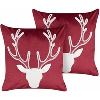 Beliani - Dekokissen 2er Set Dunkelrot Samtbezug mit Füllung Quadratisch 45 x 45 cm Tiermotiv Rentier Weihnachtsmotiv Modern Dekoration für Sofa von BELIANI