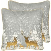 Dekokissen 2er Set Grau Baumwollbezug mit Füllung Quadratisch 45x45 cm Weihnachtsmotiv Rentier Tier Reißverschluss Wohnzimmer Schlafzimmer von BELIANI