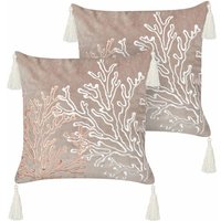 Dekokissen 2er Set Taupe Samt Quadratisch 45x45 cm mit Füllung Reißverschluss Quasten Bestickt Korallenmotiv Meeresmotiv Modern Sofakissen Deko von BELIANI