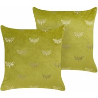 Beliani - Dekokissen 2er Set in Hellgrün / Gold Samtstoff 45 x 45 cm Quadratisch Schmetterling Muster Wohnaccessoires Deko für Sofa Sessel Bett von BELIANI