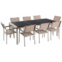 Beliani - Gartenmöbel Set Schwarz Beige Granit Edelstahl Tisch 220 cm Poliert 8 Stühle Terrasse Outdoor Modern - Silber von BELIANI
