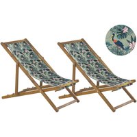 Beliani - Liegestühle 2er Set aus hellem Akazienholz mit buntem Bezug zusammenklappbar Pelikanmuster Gartenausstattung Outdoor Gartenzubehör Modern von BELIANI