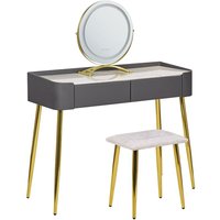 Schminktisch Grau und Gold MDF-Platte mit Metallbeinen Rundem LED-Spiegel 2 Schubladen Hocker Glamour für Erwachsene Schlafzimmer Jugendzimmer - Grau von BELIANI