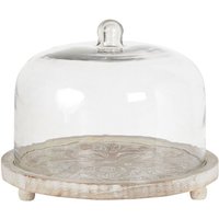 Tortenplatte Hellbraun Mangoholz Antik-Optik Rund 29 cm mit Glasglocke Haube Deckel Käseglocke Füßen Kuchenplatte Tortenständer Servierbrett von BELIANI